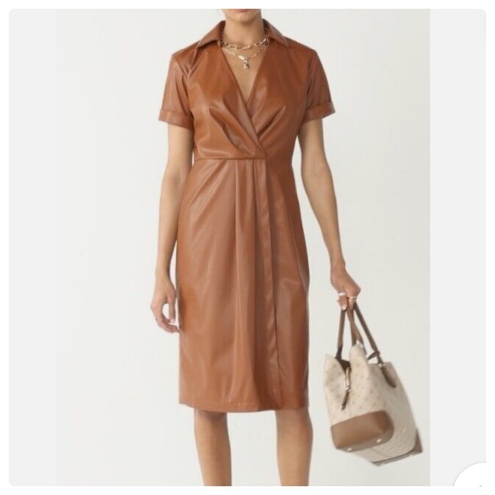 NINE WEST L MAPLE COGNAC BROWN FAUX LEATHER FAUX WRAP COLLAR V-NECK DRESS
